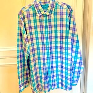 J McLaughlin Mens Large Trim Fit Long Sleeve Cotton Blend Preppy Plaid Shirt